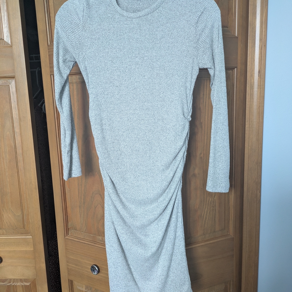 Maternity Gray Side Ruch Knit Ribbed Bodycon Dress